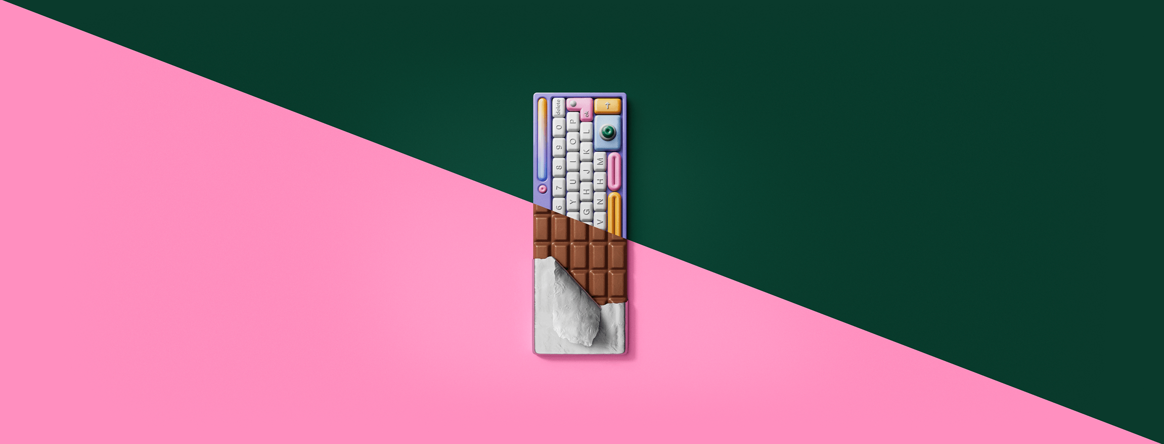 Image collage of a chocolate bare and keyboard glitched together